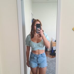 Altar'd State Light Green Puff Sleeve Crop Top